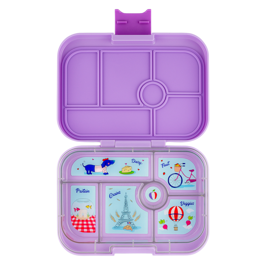 Yumbox original light blue kids lunch box with snacks inside of it